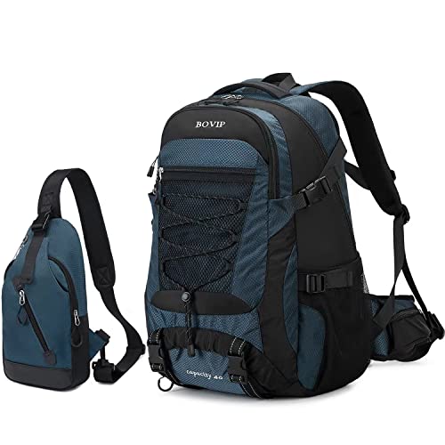 Bovip 40L Hiking Backpack Waterproof Lightweight Daypack Travel Sports Camping Backpack For Men Women Blue Set #TOP7