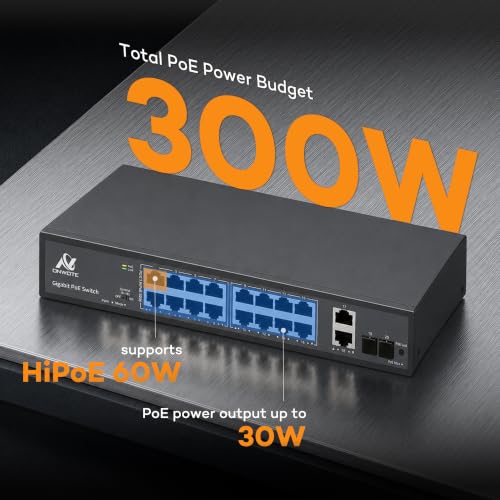 ONWOTE 16 Ports Gigabit PoE Switch 300W, 10/100/1000Mbps Self-Adaptive | 16x 1Gbps PoE Ports, 2x SFP Ports, 2x RJ45 Ports, Unmanaged Network Ethernet Splitter for NVR PoE Security Camera System miniatura 3