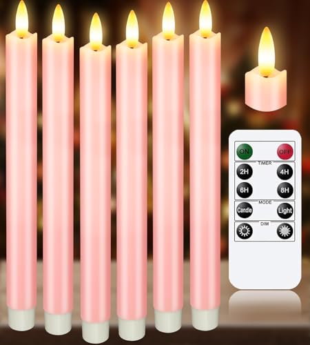 KSWING Upgraded Real Wax LED Flameless Pink Taper Candles with Remote, 6 PCS Candlesticks Battery Operated 3D Flickering - 9.6" Long Realistic Fake Candle Sticks for Home/Wedding/Fireplace Xmas Decor