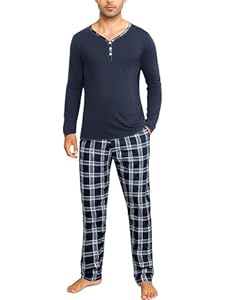 Irdcomps Herren Schlafanzug Lang Pyjama Baumwolle Zweiteilige Nachtwäsche Set Winter Männer Kariert Langarm Dunkelblau L