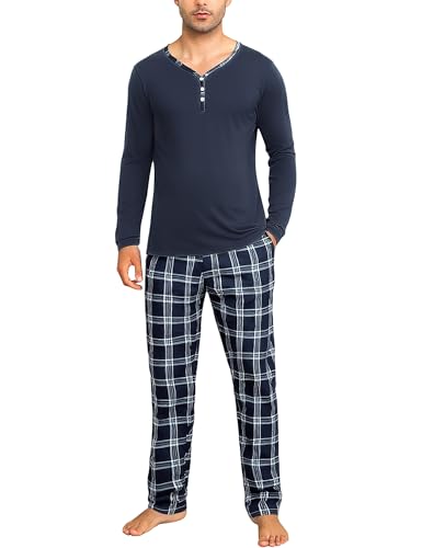 Irdcomps Pyjama Homme Hiver Coton Ensembles de Pyjamas Chauds Manches Longues Col Rond Vêtements De Nuit Pantalon de Pyjama à Carreaux Vêtements de Détente Deux Pièces Confortable Doux Bleu Foncé1 3XL