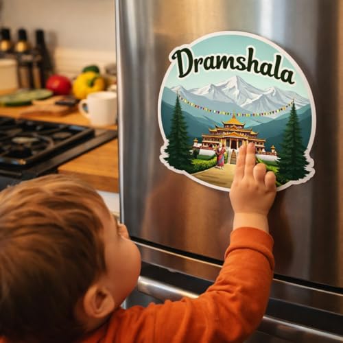 Image of Naxon Dharamshala Town Theme Souvenir Wooden Fridge Magnet | Himalayan Hills, Tibetan Culture Design 3x3 Inch Refrigerator Magnet for Home Decor | Travel Gift from Himachal Pradesh | Pack of 1