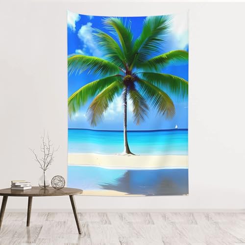 Tapisserie murale palmiers mer transparente 152x101 cm en velours pêche GJHKSSVB