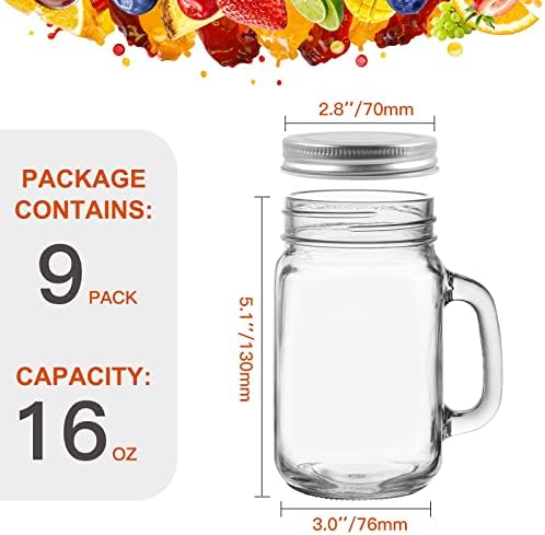 16 oz Glass Mason Drinking Jars with Lids,9 Pack Reusable Mason Jars with Handle,480ml Glass Overnight Oats Jar,Beer Mugs for Smoothies,Preserve,Cocktails,Party Favors