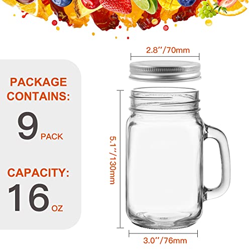 Keketin 16 oz Glass Mason Jars with Lids,9 Pack Reusable Drinking Mason Jars with Handle,480ml Glass Overnight Oats Jar,Beer Mugs for Smoothies,Preserve,Cocktails,Party Favors by Keketin - Image 2