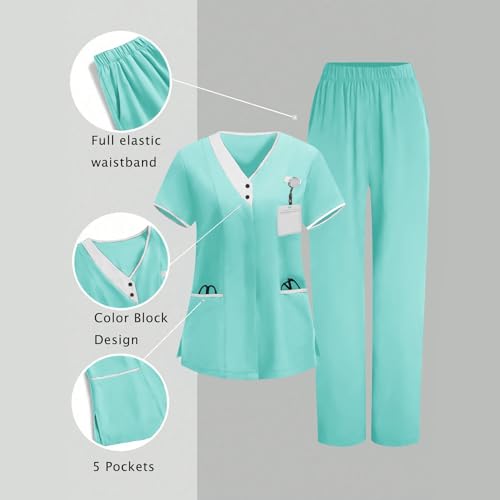 Image of 2026 Scrub for Cleaning Jobs Uniform, Multi Pockets Scrubs for Women Sets, V-Neck Top & Straight Leg Pants Scrubs Set