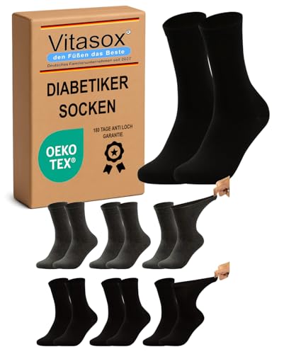 Vitasox Calzini per diabetici da uomo, adatti alle vene, senza elastico, per la salute contro il taglio e la pressione, 6 x nero antracite, 50-52