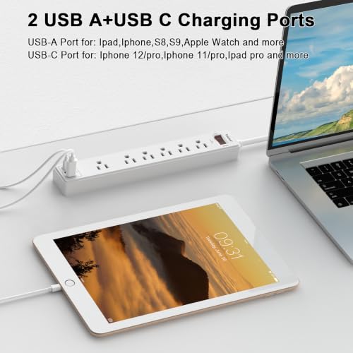 Image of 6Ft Extension Cord Power Strip Surge Protector - Teiobar 6 AC Outlets and 3 USB Ports for Home, Office, Dorm Essentials, 1680 Joules, ETL Listed, White