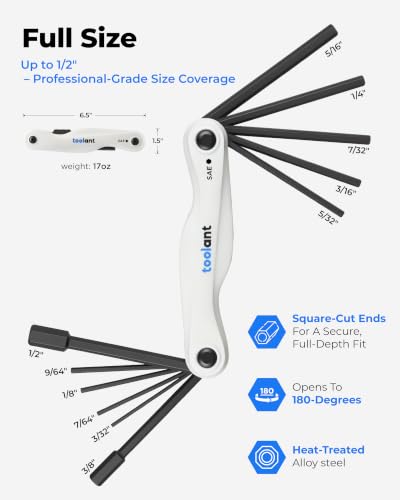 Image of Kraftek toolant 11PCS Long Arm Folding Allen Wrench Set, SAE Hex Key Set 3 /32 inch-1 /2 inch, Extended Reach Allen Key Set with 4 Inch Long Arms, CRV Steel Foldable Hex Wrench Tool for Bike Repair, Home & DIY