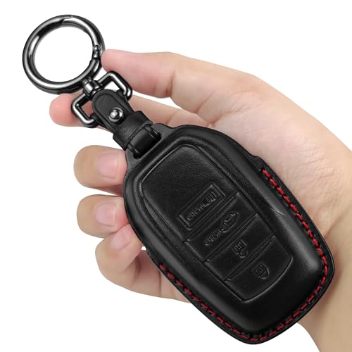Tukellen for Toyota Key Fob Cover Leather Case Compatible with 2025-2026 Camey 4Runner 2019-2026 Land Cruiser,2021-2026 Venza, Highlander Hilux,2023-2026 Tundra,Corolla 4/5 Buttons-Black(Red line)