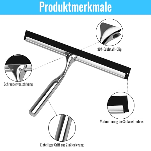 rietegio 25CM Duschabzieher mit Halterung Duschabzieher Edelstahl Handlicher Glaswischer 3 Silikonabstreiflippen und Schraubendreher Handlicher Glaswischer für Bad Küche Spiegel Auto Fenster Putzen