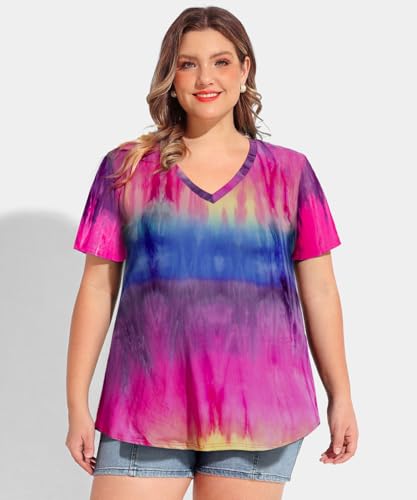 Image of CARCOS Plus Size Tops for Women Short Sleeve Shirts Basic Tee Solid Color Blouse V Neck Tunic Loose Fit Tshirts Summer XL-5XL