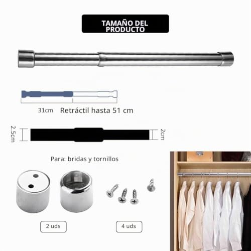 Miniatura 2 de Barra Para Armario Extensible,Barra Extensible De Acero Inoxidable,Tubo Para Armario De Acero Inoxidable Barra Perchero Extensible,Barra Armario Extensible De 31-51 Cm Para Colgar Ropa