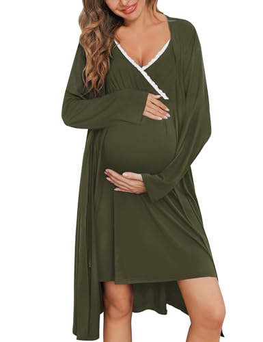 Image of SWOMOG Maternity Robe Nursing Nightgown 3 in 1 Labor Delivery Birthing Gown for Hospital Breastfeeding Bathrobes Lace Dress