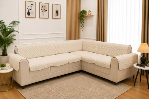 Image of 7 Seater L-Shape Sofa Cover with Arm Covers, Quilted Texture, Sectional Couch Protector for Living Room-Pack of 15