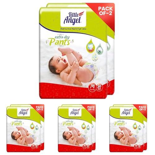 Image of Little Angel Extra Dry Baby Pants Diaper, Medium (M) Size, 112 Count, Super Absorbent Core Up to 12 Hrs Protection & Wetness Indicator, Pack of 8, 56 count /pack, Upto 5-11kg