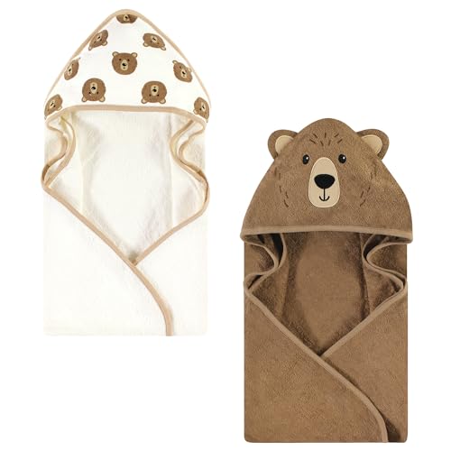 Image of Hudson Baby Unisex Baby Cotton Animal Face Hooded Towel, Brown Bear 2-Pack, One Size