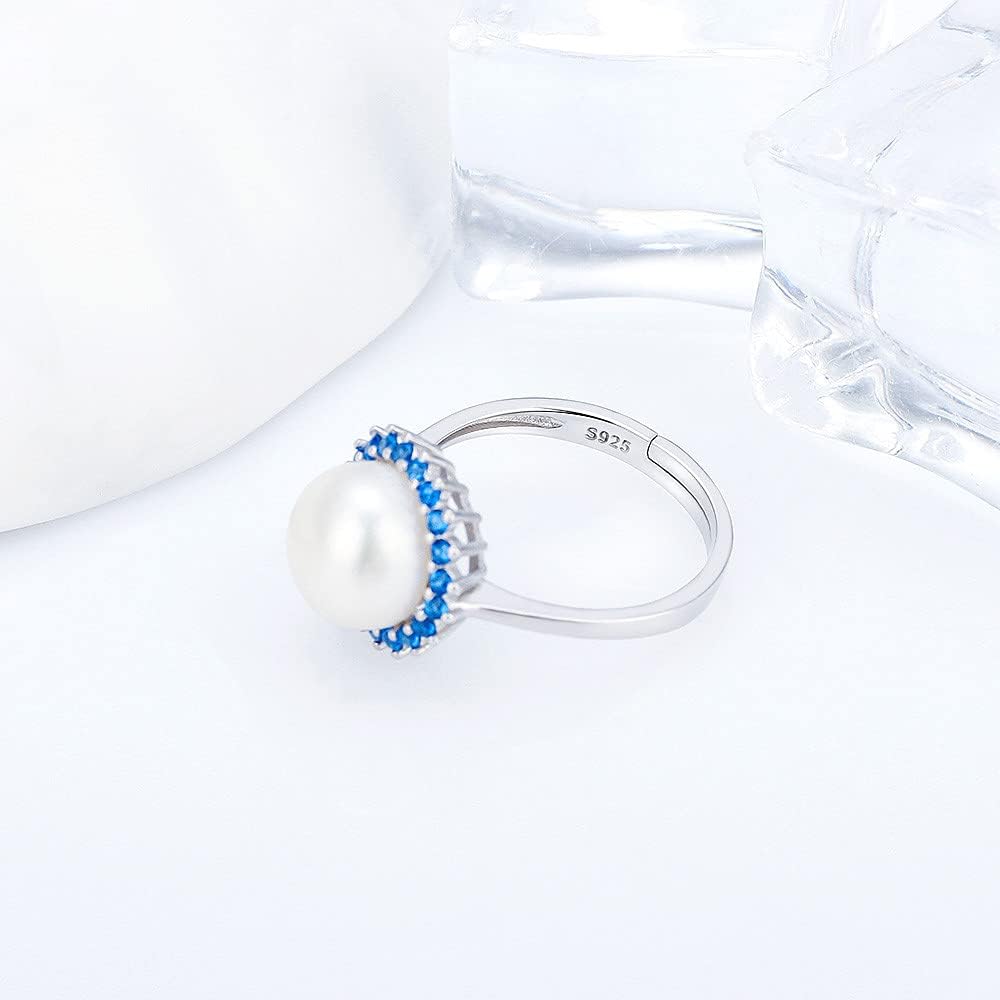 925 Sterling Silver Blue CZ Bloom Design Ring Mounts Fittings with Pearl Seat for DIY Jewelry Making