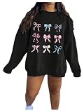 SOLY HUX Women's Plus Size Y2k Coquette Sweatshirt Bow Print Graphic Drop Shoulder Long Sleeve Oversized Pullover Top Black Bow US28/30