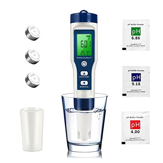 5 in 1 PH Meter, TDS/EC/Salinity/Temp/PH Meter for Water, Digital PH Tester 0.01 High Accuracy Water Testing Kits for Drinking Water, Pools, Fish Tank, and Hydroponics, PH Pen Hydroponics Supplies