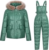 Traje de nieve de invierno para mujer Chaqueta de plumón con capucha + Mono Impermeable Traje de nieve al aire libre Ropa de esquí completa que da forma al cuerpo Ropa deportiva (Verde,XL)