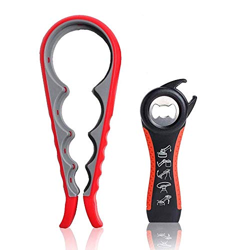 Apriscatole a Mano Apribottiglie, 5in1 e 4in1 Multi Manuale Jar Openers Kit multifunzionale apri set per Cucina Ristorante Bar Festa Debole Mano, Anziani, Artrite Malati,Donne(2 Pezzi, Nero/Rosso)