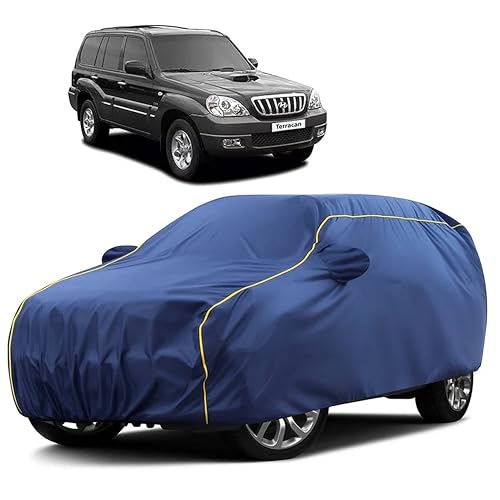 Image of Sulfar 100% Water Resistant Car Body Cover Compatible with Mirror for Hyundai Terracan (Triple Stitched, Full Bottom Elastic, Blue Taffeta with Yellow Piping)