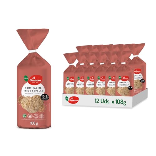 El Granero Integral - Pack de 12 Unidades de 108 g de Tortitas Ecológicas de Trigo Espelta Integral - Sin Azúcar Añadido - Aptas para Veganos - Rica Fuente de Proteínas
