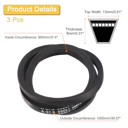 Image of uxcell 3 Pack A37 1 /2 Classic Wrapped V-Belt, 39 inch Outside Circumference Wrapped Industrial Rubber V-Belt A Profile V-Belt for Industrial Machinery Equipment, Black