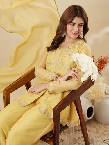 Image of MOKOSH Women's Silk Embroidered Peplum Kurta Sharara with Dupatta | Kurta Set | Ethnic Wear |Round Neck Full Sleeve Kurta | 3 Piece Outfit |Embroidered