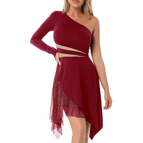 JEATHA Damen Latein Kleid Tanzkleid Ballettkleid Ballettanzug EIN-Schulter Langarm Eiskunstlauf Kleid Gymnastik Leotard Ballett Trikot mit Asymmetrischem Rock Tanzkleidung Burgundy M Cover