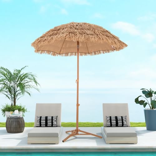 RELAX4LIFE 6.5FT Tiki Patio Umbrella with Base - Hawaiian Style Tilt Beach Umbrella w/8 Ribs, Foldable Stand, Carry Bag, Tropical Palapa Grass Pool Umbrellas, Hula Thatched Tiki Umbrella Outdoor Patio - Image 3