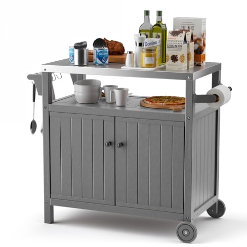 TORVA Portable Outdoor Grill Cart with Storage, Waterproof HDPE BBQ Prep Table for Patio & Backyard, 304 Stainless Steel Top, All-Weather Use, Camping Cart with Wheels, 42.12" L x 20.71" W, Grey
