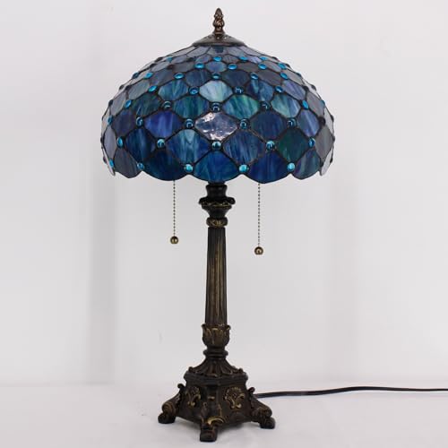Image of 12 Inch Tiffany Stained Glass Lamp Shade Replacement Only (Blue) | Stained Glass Style Lampshade with Cap fit for Table lamp Pendant Light Ceiling Fixture