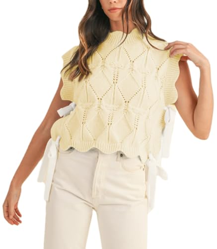 Image of Women Side Tie Sweater Vest Scallop Trim Mock Neck Knit Vest Bow Lace Up Ribbon Sweater Tank Top Knitwear