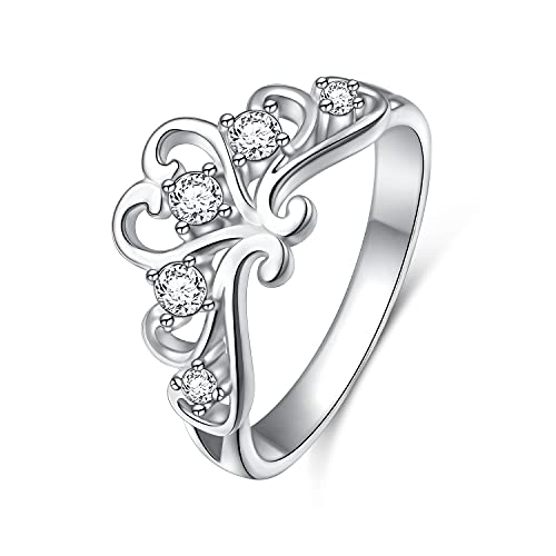 925 Sterling Silver Cubic Zirconia Princess Crown Tiara Rings for Women Wedding Promise Engagement Love Heart Band Ring Size 7