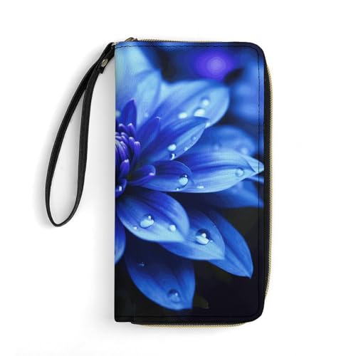 Women Wallets Blue Flower Leather Wallet for Women Thin Wallet with Zipper Pocket Card Holder