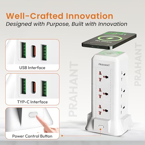 Image of 16 in 1 Universal Multi Sockets Tower Extension Boards,12 Sockets,2 USB Port,1 Type C Port,with Surge Protection,Smart Energy Saving,1.8M Extension Cords,with Wireless Charging Point