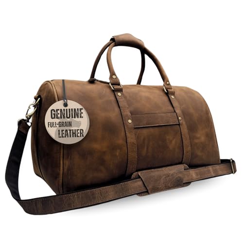 Genuine Leather Duffle Bag for Men & Women 21 Inch Full Grain Distressed Travel Bag Rustic Weekender Travel Duffel Vintage Overnight Holdall w/Shoe Compartment By MUSKIE