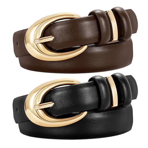 TRIWORKS 2 Pack Women Leather Belt for Jeans Pants Fashion Ladies Skinny Faux Leather Belt with Gold Buckle