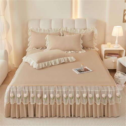 Jupe de lit kaki 200x220 avec drap-housse plissé tulipe moderne matelassé