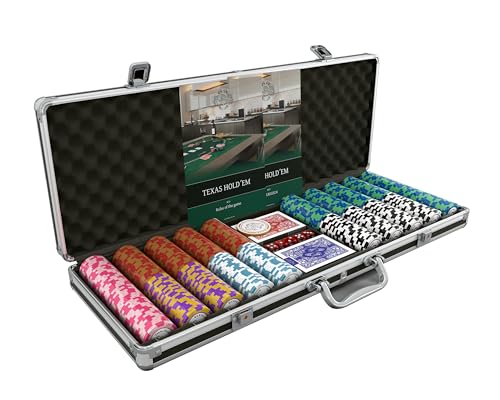 Ideale per il tuo giro di poker: 500 fiches da poker in argilla, pulsante del mazziere in ceramica, 2 mazzi di carte da poker in plastica, regole del poker in tedesco e inglese