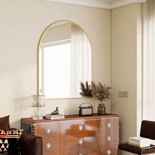 Image of BEAUTYPEAK 36 inchx48 inch Arch Bathroom Mirror, Wall Mounted Vanity Metal Frame Mirror for Bedroom, Entryway, Living Room, Gold