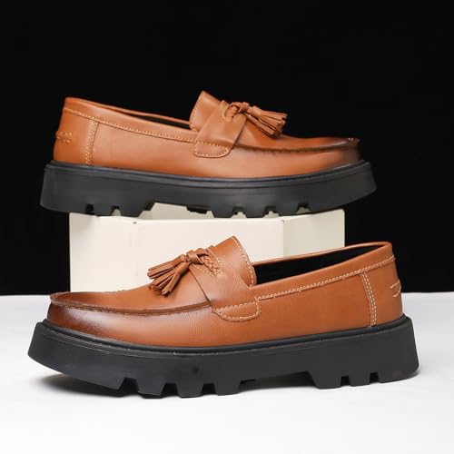 Image of Men's Black Soft Patent Leather Platform Chunky Heel Loafers Fashion Tassel Business Casual Formal Work Shoes Non-Slip Lug Sole Slip-On Penny Loafers