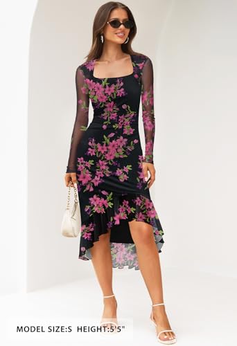 MEROKEETY Women's Long Sleeve Fall Wedding Guest Dress Elegant Classy Bodycon Square Neck Mesh Cocktail Midi Dresses4