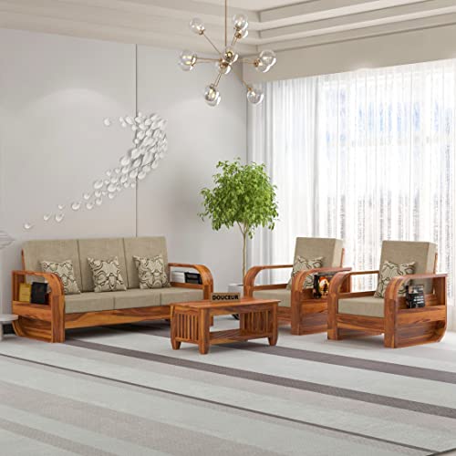 Image of Douceur Furnitures Solid Sheesham Wood 5 Seater Sofa | Five Seater Sofa Set with Coffee Table for Living Room, Cafe, Office | (Honey Teak Cushion Matte)