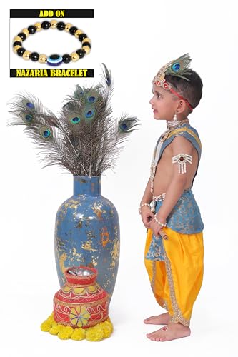 Image of Krishna Dress for Kids, Baby Krishna Dress for Janmashtami with Krishna Mukut, Peacock Feather & Flute Embroidered Krishna Costume for Girl & Boy, 3 Months-8 Years