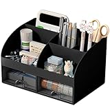 Desk Organizer with 6 Compartments and 2 Drawers, Plastic Makeup Organizer, Pen Holder for Desktop Storage, Desk Organization for School, Home, Office Supplies (Black)
