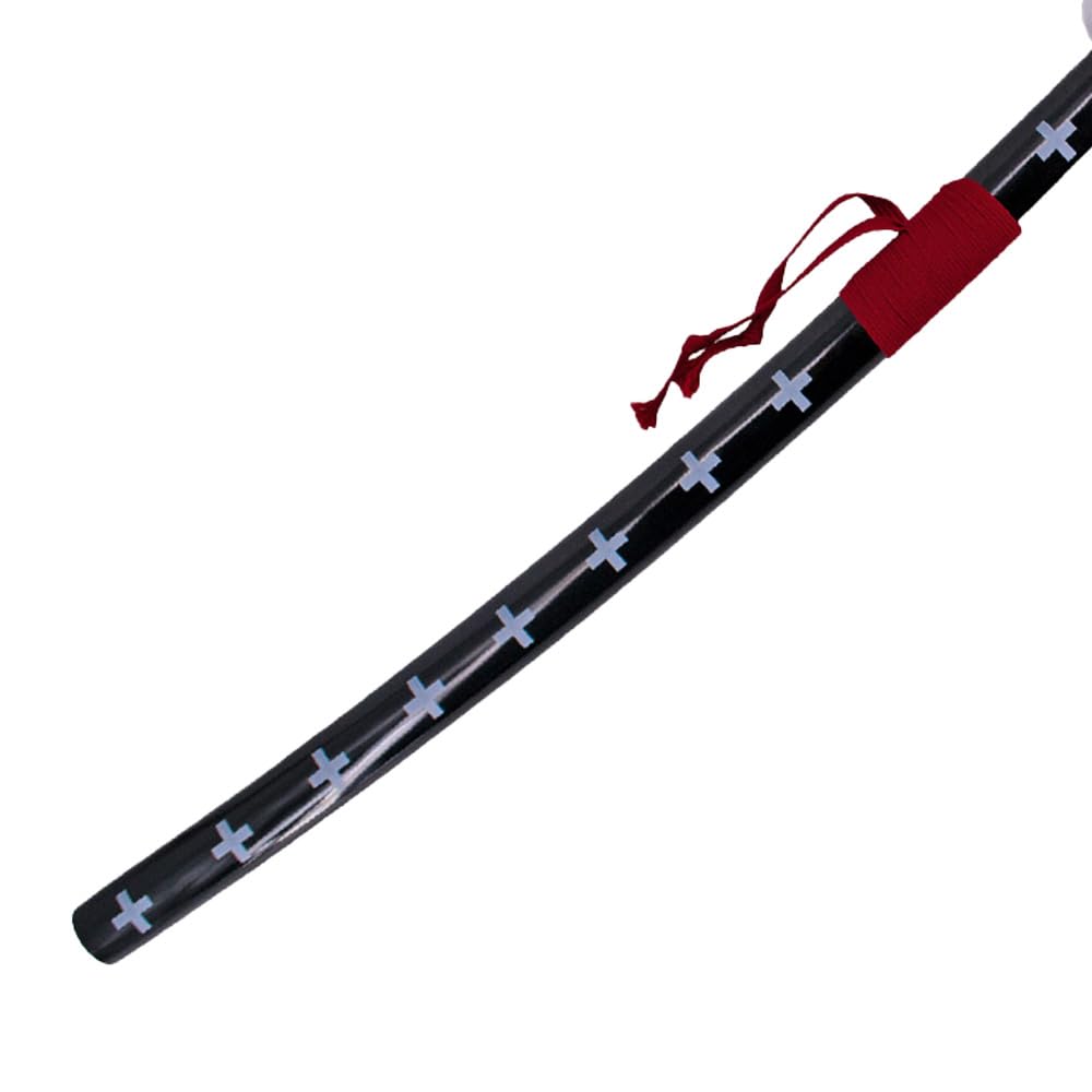 Katana S5017 di Trafalgar Law di One Piece, replica non ufficiale, lama in acciaio nero da 102 cm, impugnatura con avvolgimento marrone chiaro e tsuba rivestita in velluto, con supporto. Rif. S5017