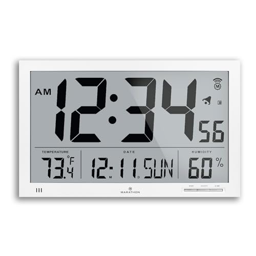 MARATHON Slim Jumbo Atomic Wall Clock, White - Large, 15-Inch Display - Alarm, AM/PM or 24-Hour Time, Four Time Zones, Indoor Temperature & Humidity - Four AA Batteries Included